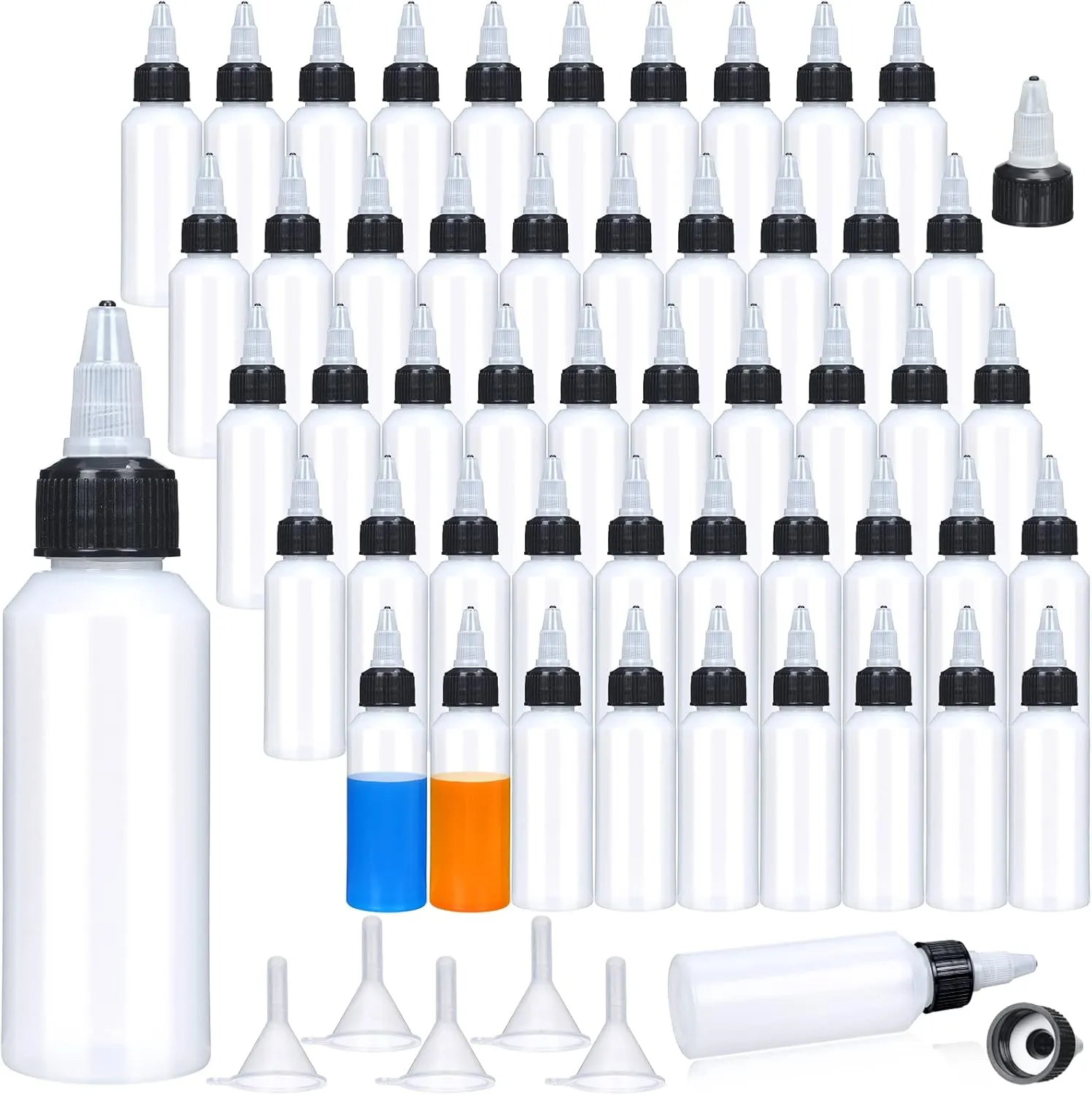 100 Pcs 2 oz Bottles bulk Plastic Squeeze Condiment Travel Hair Oil Applicator Squirt Bottle Small Boston Dispensing with Cap 5Pcs Funnel Liquid Mini Dressing Container Ketchup Paint
