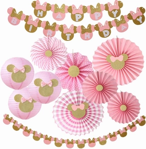 11pcs Minnie Party Decor Supplies for Girls 1st 2nd 3rd Birthday - Happy Birthday Banner, Garland, Paper Lanterns, Pink and Gold Paper Fans