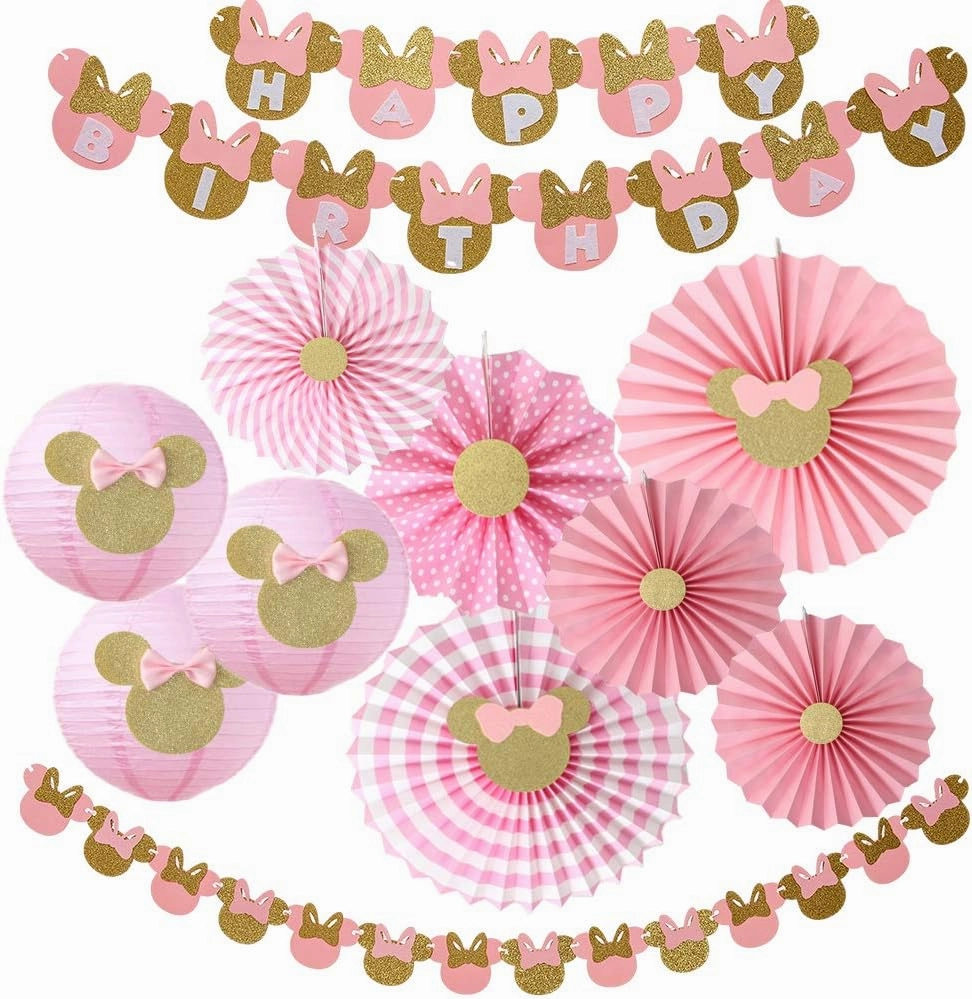 11pcs Minnie Party Decor Supplies for Girls 1st 2nd 3rd Birthday - Happy Birthday Banner, Garland, Paper Lanterns, Pink and Gold Paper Fans