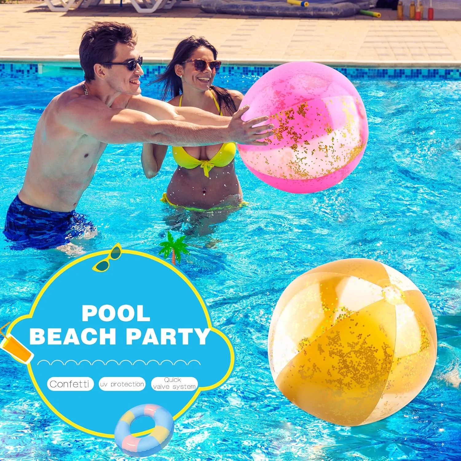 12 Pack 16 Inch Inflatable Glitter Beach Balls Blow up Confetti Beach Ball for Summer Beach Pool Party, 16 Inch After Inflation
