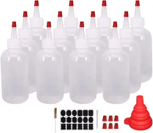 12 Pack 6-Ounce Plastic Squeeze Bottles with 12pcs Red Tip Caps and Measurement - Good for Crafts, Art, Glue, Multi Purpose Set of 12 with 1 Red Funnel