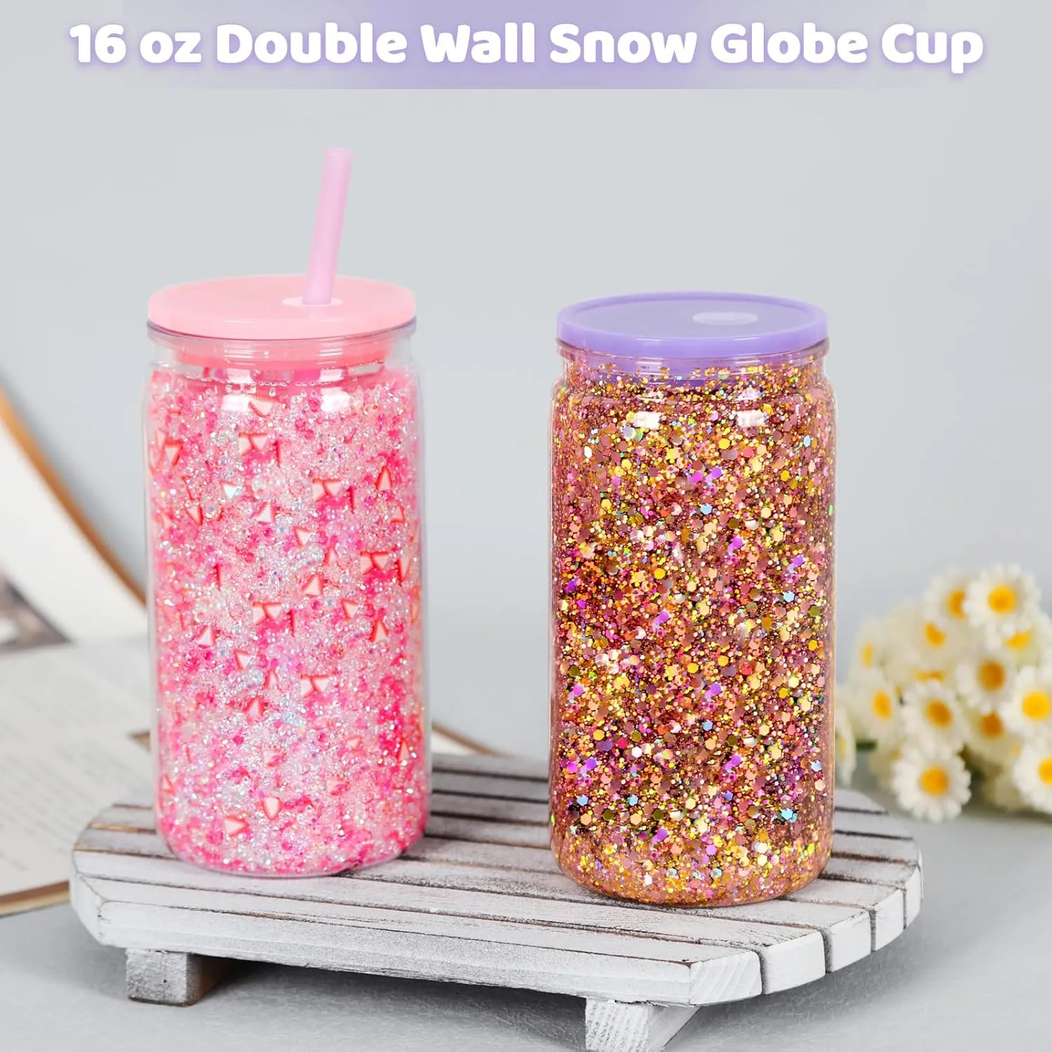 12 Pack Acrylic Snow Globe Tumbler with Pre Drilled Hole, 16 Oz Double Wall Plastic Can with Lid and Straw, Plastic Mason Jar Mug for Snow Globe Glitter DIY Gift (Mixed Colors)