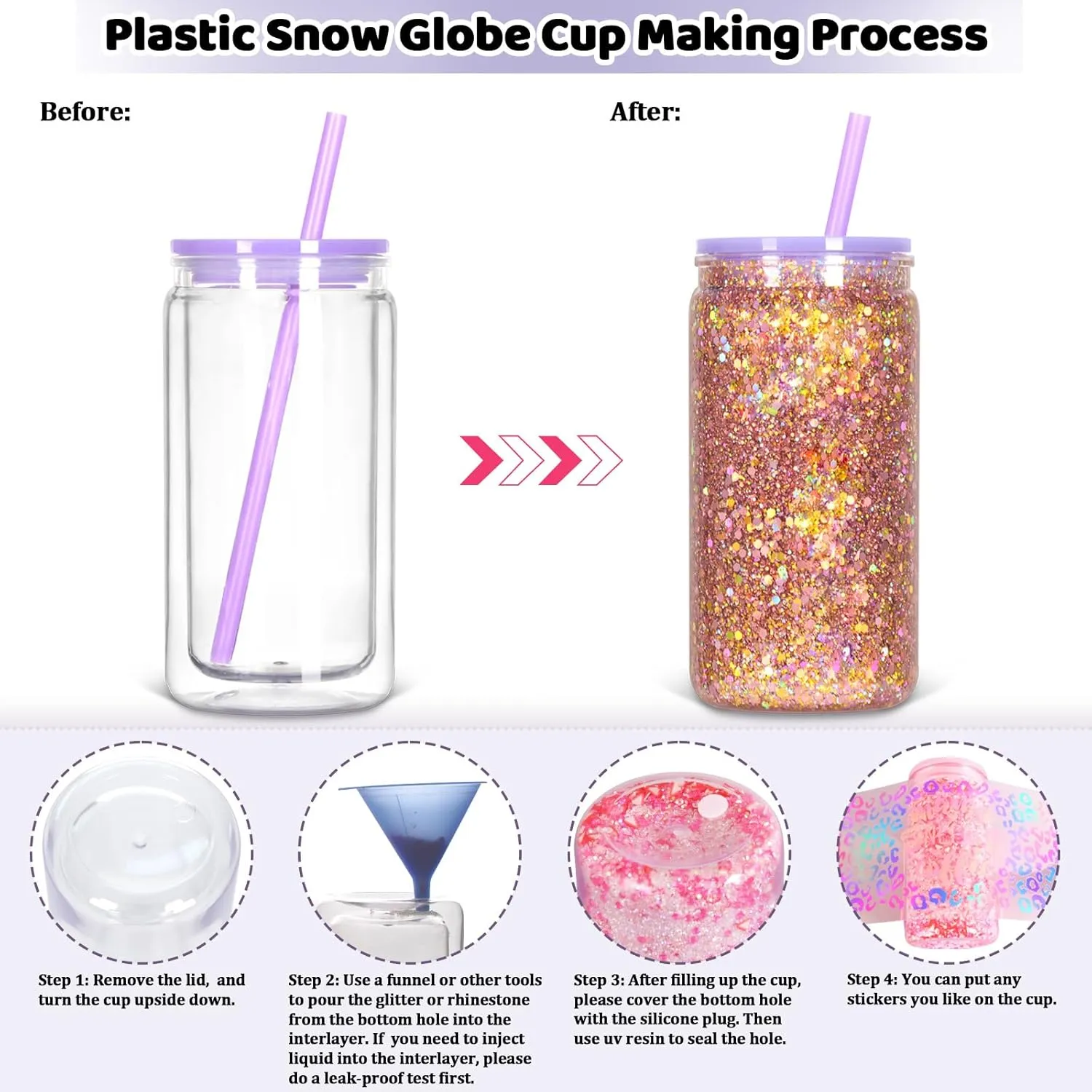 12 Pack Acrylic Snow Globe Tumbler with Pre Drilled Hole, 16 Oz Double Wall Plastic Can with Lid and Straw, Plastic Mason Jar Mug for Snow Globe Glitter DIY Gift (Mixed Colors)