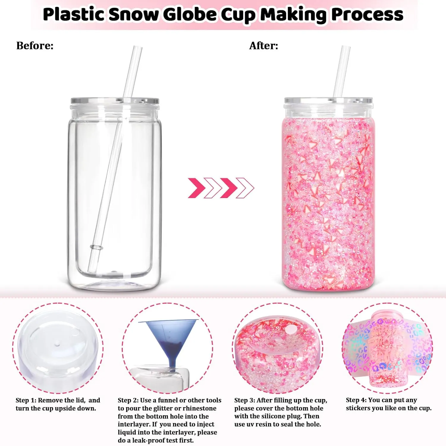 12 Pack Plastic Snow Globe Tumbler with Pre Drilled Hole, 16 Oz Double Wall Plastic Can with Lid and Straw, Plastic Mason Jar Mug for Snow Globe Glitter DIY Gift (Clear)