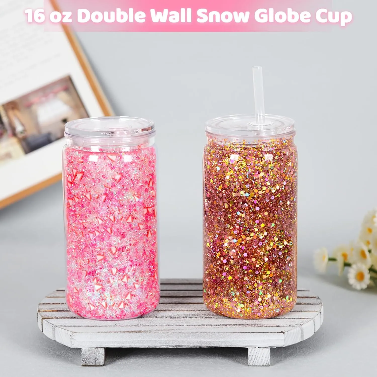 12 Pack Plastic Snow Globe Tumbler with Pre Drilled Hole, 16 Oz Double Wall Plastic Can with Lid and Straw, Plastic Mason Jar Mug for Snow Globe Glitter DIY Gift (Clear)
