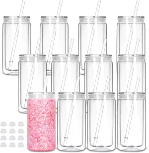 12 Pack Plastic Snow Globe Tumbler with Pre Drilled Hole, 16 Oz Double Wall Plastic Can with Lid and Straw, Plastic Mason Jar Mug for Snow Globe Glitter DIY Gift (Clear)