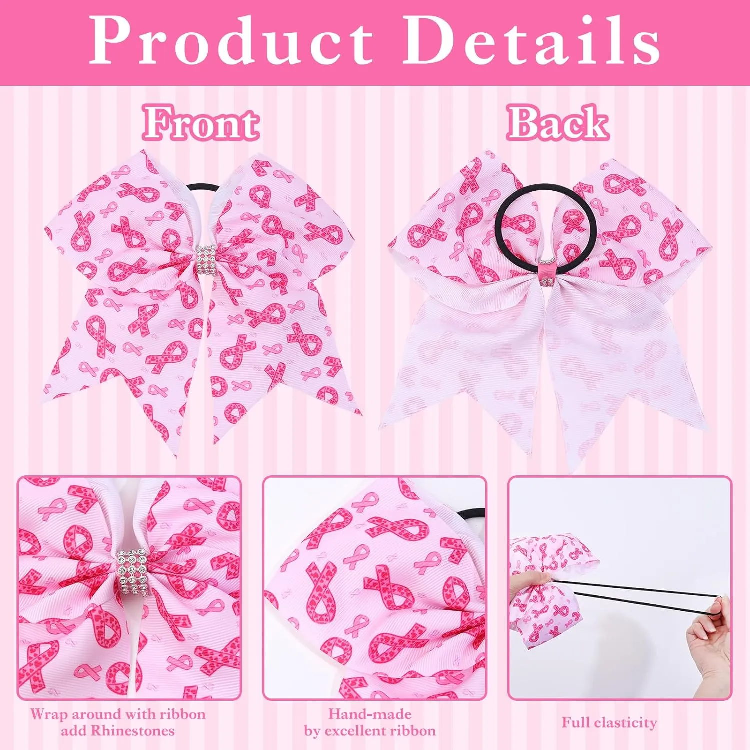 12 Pieces 7 Inch Pink Breast Cancer Cheer Bows Large Cancer Awareness Cheerleading Bows Elastic Hair Ties Bands Pink Out Day for Teen Toddler Youth Girls Women Breast Cancer Month