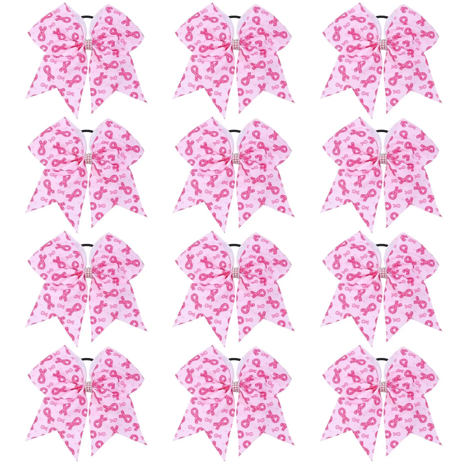 12 Pieces 7 Inch Pink Breast Cancer Cheer Bows Large Cancer Awareness Cheerleading Bows Elastic Hair Ties Bands Pink Out Day for Teen Toddler Youth Girls Women Breast Cancer Month