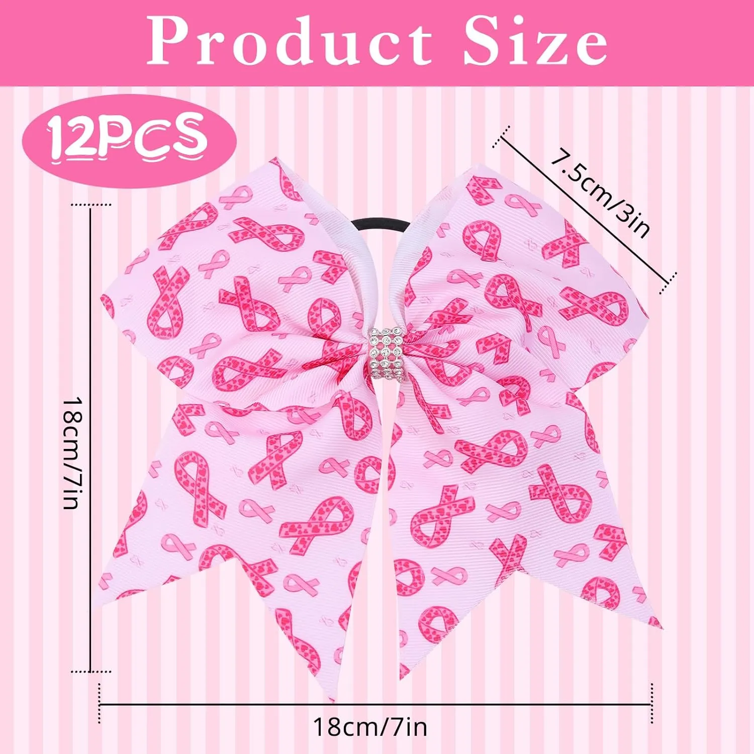 12 Pieces 7 Inch Pink Breast Cancer Cheer Bows Large Cancer Awareness Cheerleading Bows Elastic Hair Ties Bands Pink Out Day for Teen Toddler Youth Girls Women Breast Cancer Month