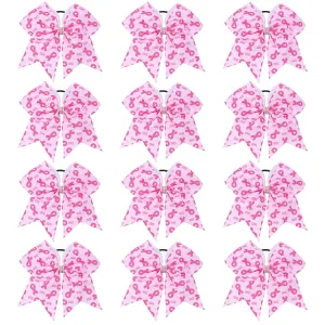 12 Pieces 7 Inch Pink Breast Cancer Cheer Bows Large Cancer Awareness Cheerleading Bows Elastic Hair Ties Bands Pink Out Day for Teen Toddler Youth Girls Women Breast Cancer Month