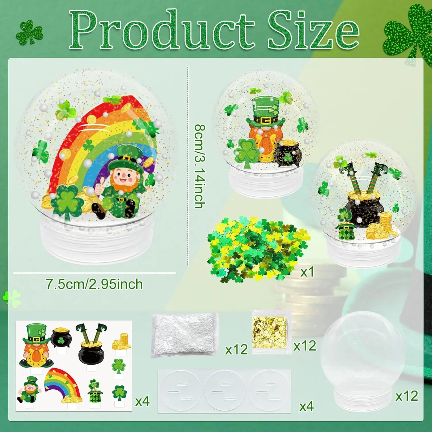 12 Set St. Patricks Day Glitter Snow Globe DIY Craft Kits, Clear Plastic Snow Globe Irish Party Crafts Kit for St. Patricks Day Party Favor Supplies Toddler Classroom Activities Gifts(St. Patricks)
