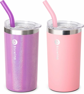 12 oz Double Wall Insulated Skinny Tumbler with Straw- Stainless Steel Coffee Tumbler Water Cup, Spill Proof, BPA Free (Glitter Purple/Pink)