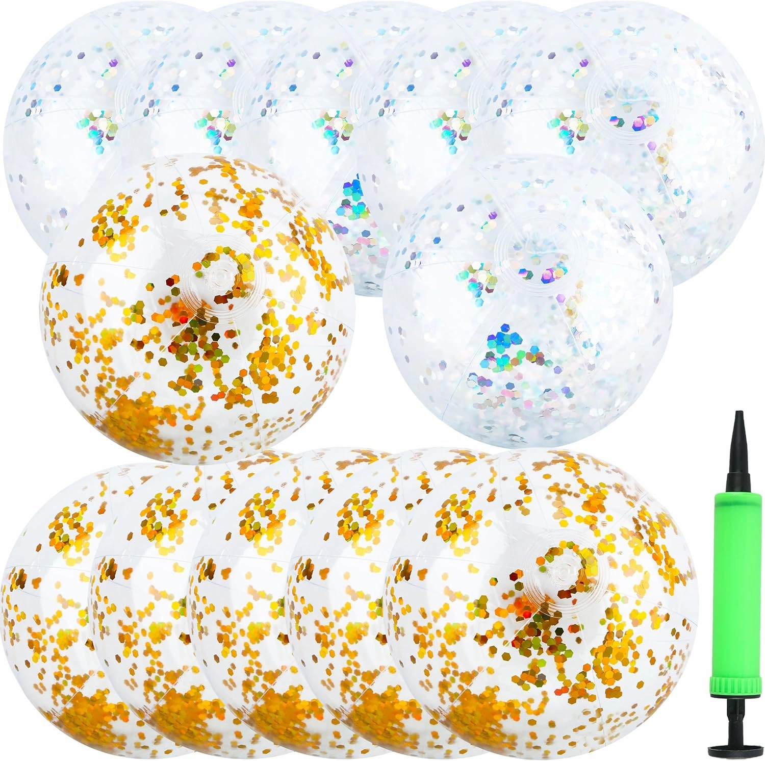 12 Pack 16 Inch Inflatable Beach Ball Clear Beach Balls with Pump Golden and Silver Glitter Beach Balls for Adults Kids Summer Beach Pool Birthday Party Favor
