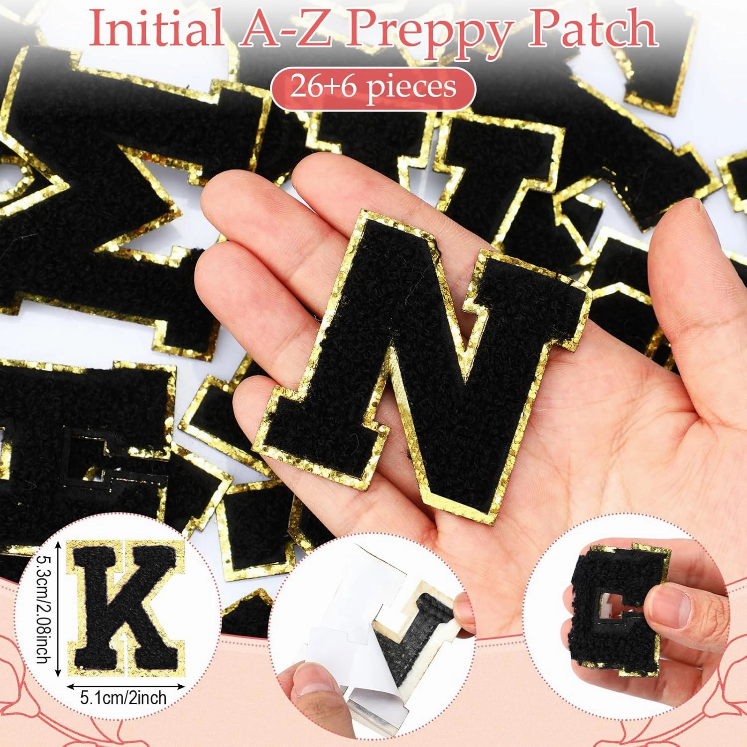 12 Personalized Initial A-z Preppy Patch Clear Makeup Bag Initial Letter Beach Travel Toiletry Cosmetic PVC Bag DIY Chenille Sew Letter Patches End of the Year Gifts(Black, Black Letters)