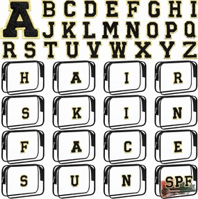 12 Personalized Initial A-z Preppy Patch Clear Makeup Bag Initial Letter Beach Travel Toiletry Cosmetic PVC Bag DIY Chenille Sew Letter Patches End of the Year Gifts(Black, Black Letters)
