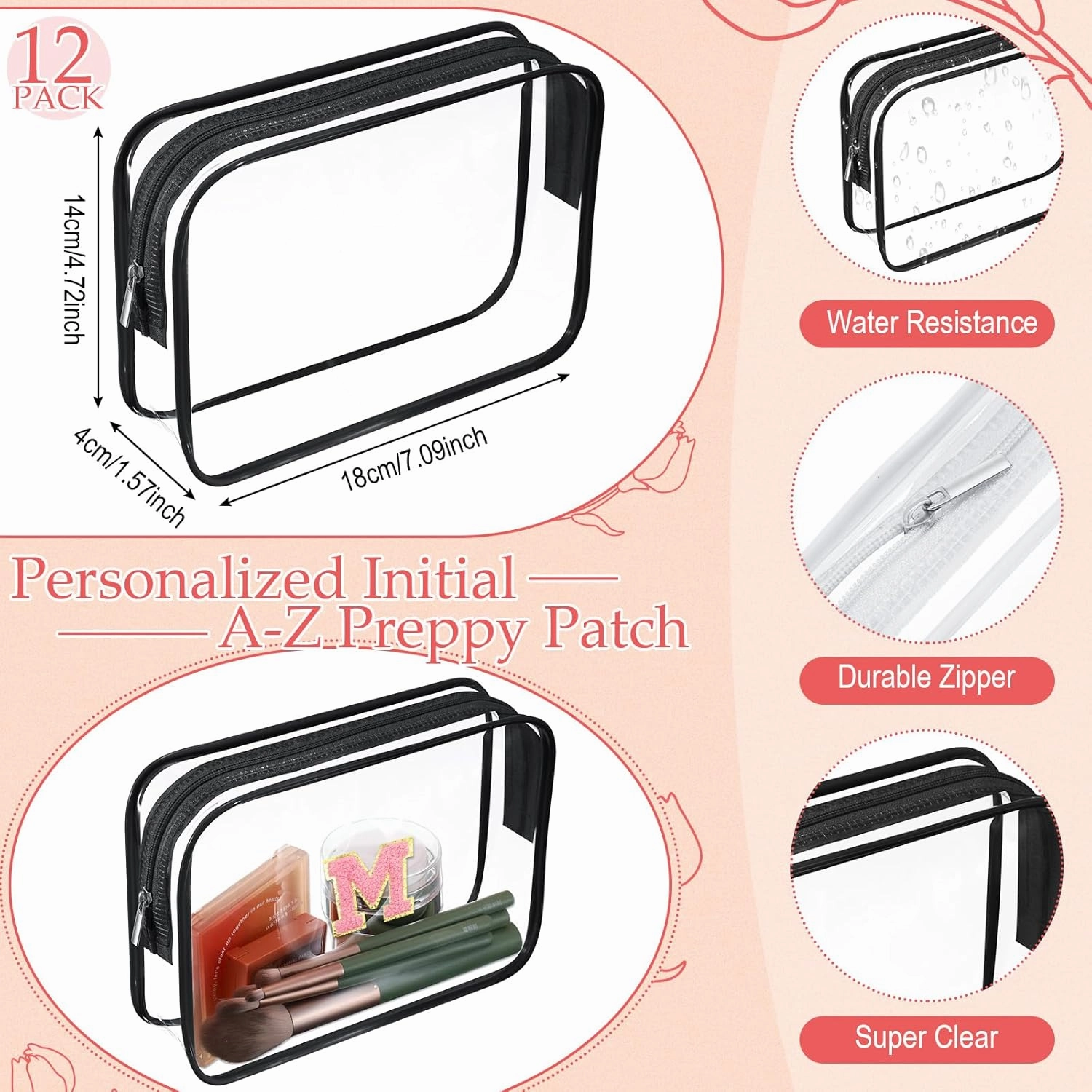 12 Personalized Initial A-z Preppy Patch Clear Makeup Bag Initial Letter Beach Travel Toiletry Cosmetic PVC Bag DIY Chenille Sew Letter Patches End of the Year Gifts(Black, Black Letters)