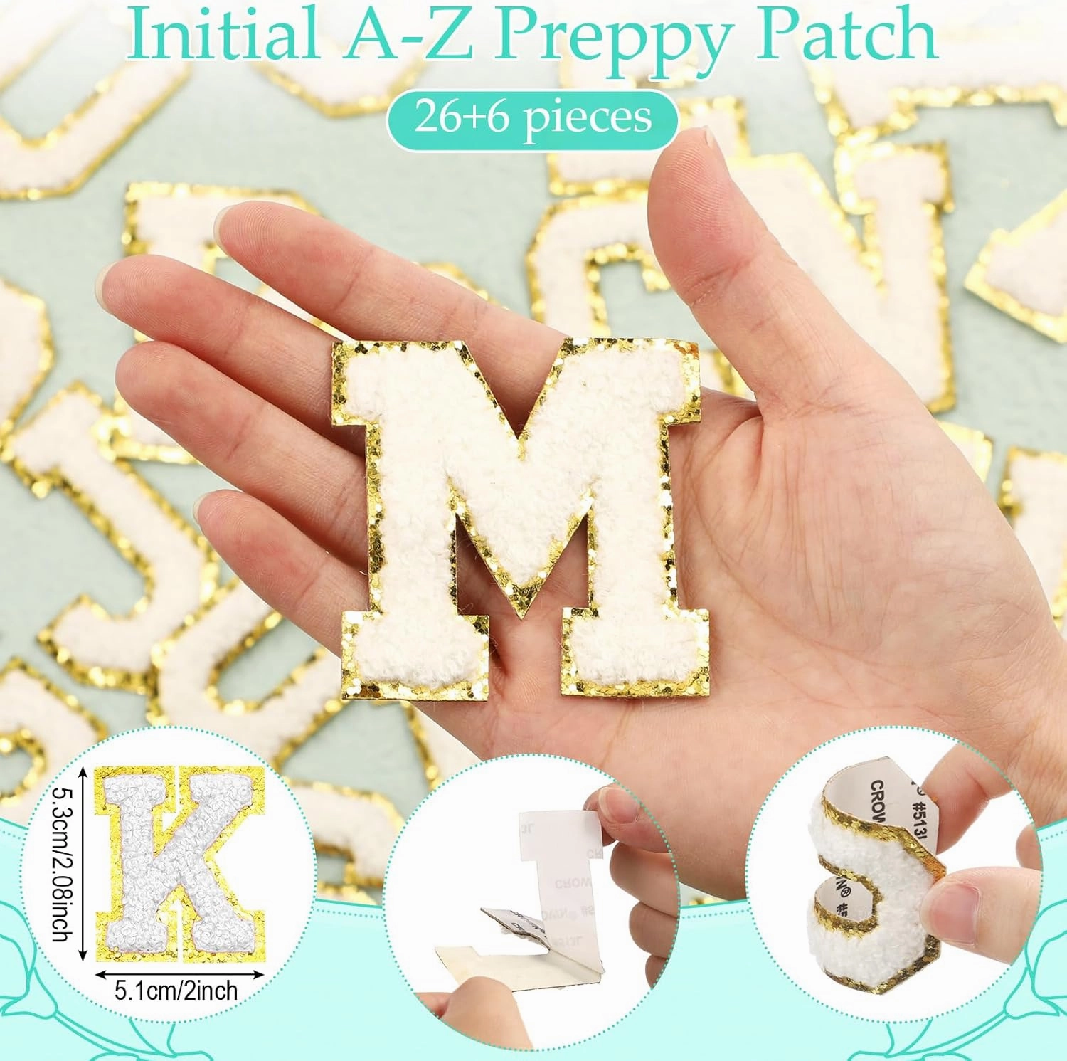 12 Personalized Initial A-z Preppy Patch Clear Makeup Bag Initial Letter Beach Travel Toiletry Cosmetic PVC Bag DIY Chenille Sew Letter Patches End of the Year Gifts(Green, White Letters)