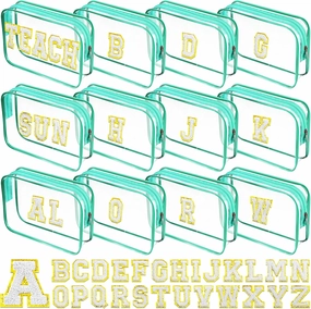 12 Personalized Initial A-z Preppy Patch Clear Makeup Bag Initial Letter Beach Travel Toiletry Cosmetic PVC Bag DIY Chenille Sew Letter Patches End of the Year Gifts(Green, White Letters)