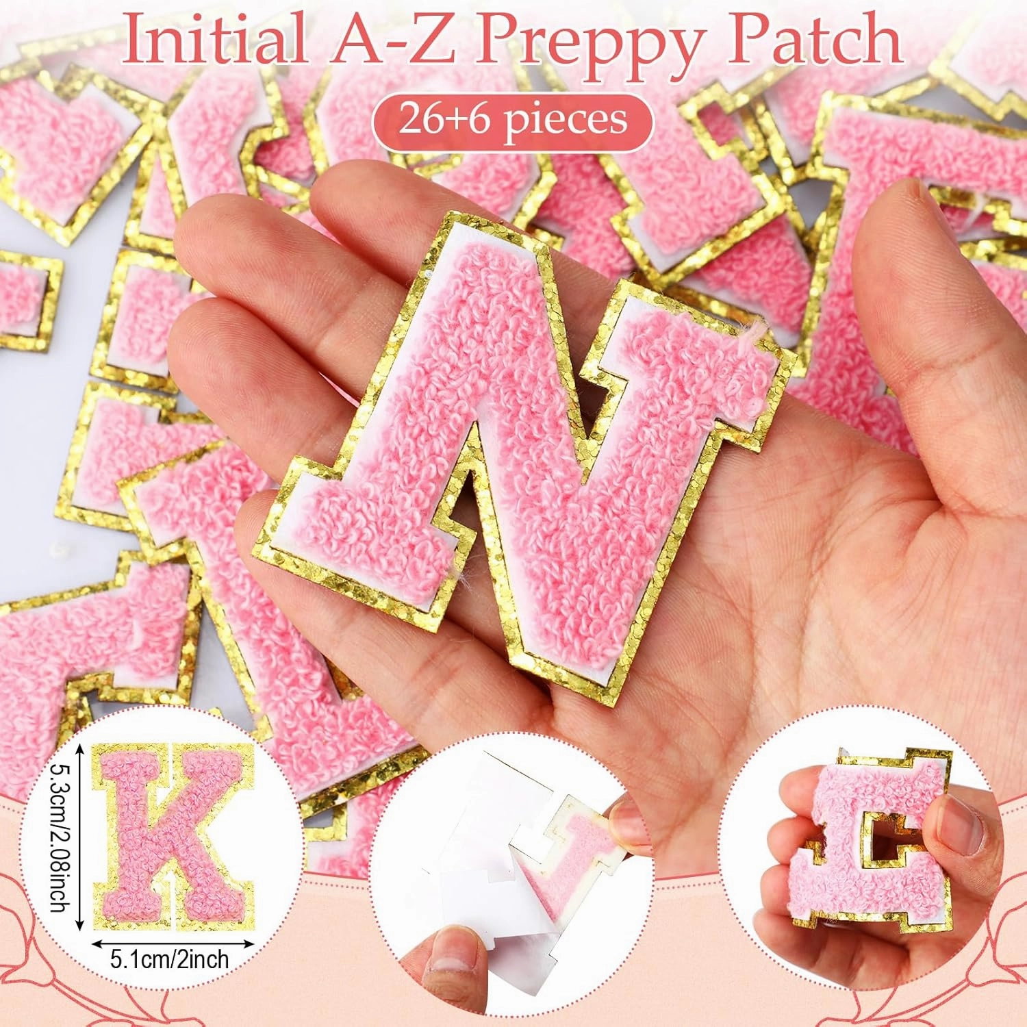 12 Personalized Initial A-z Preppy Patch Clear Makeup Bag Initial Letter Beach Travel Toiletry Cosmetic PVC Bag DIY Chenille Sew Letter Patches End of the Year Gifts(Pink, Pink Letters)