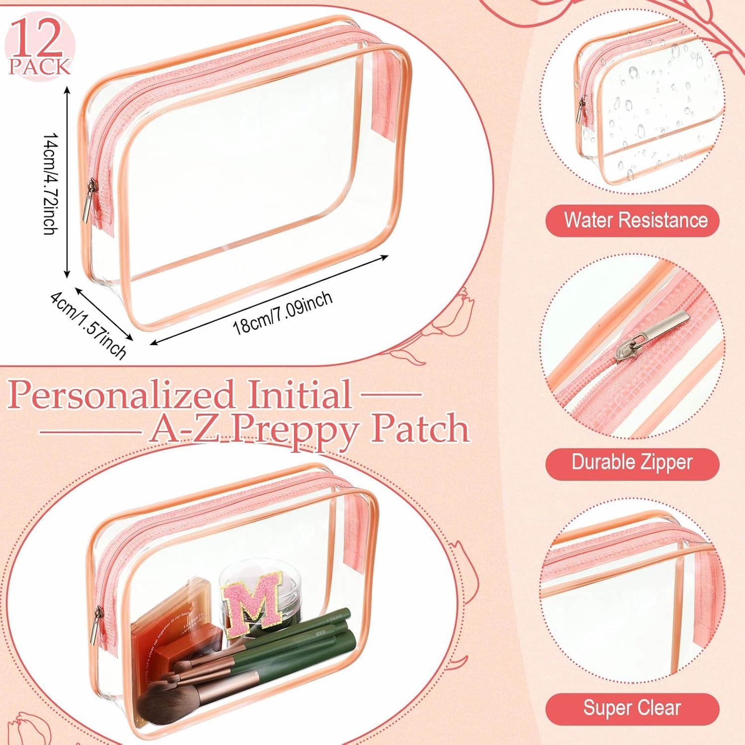 12 Personalized Initial A-z Preppy Patch Clear Makeup Bag Initial Letter Beach Travel Toiletry Cosmetic PVC Bag DIY Chenille Sew Letter Patches End of the Year Gifts(Pink, Pink Letters)