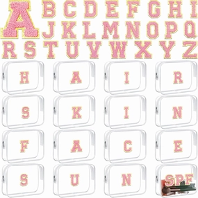 12 Personalized Initial A-z Preppy Patch Clear Makeup Bag Initial Letter Beach Travel Toiletry Cosmetic PVC Bag DIY Chenille Sew Letter Patches End of the Year Gifts(White, Pink Letters)