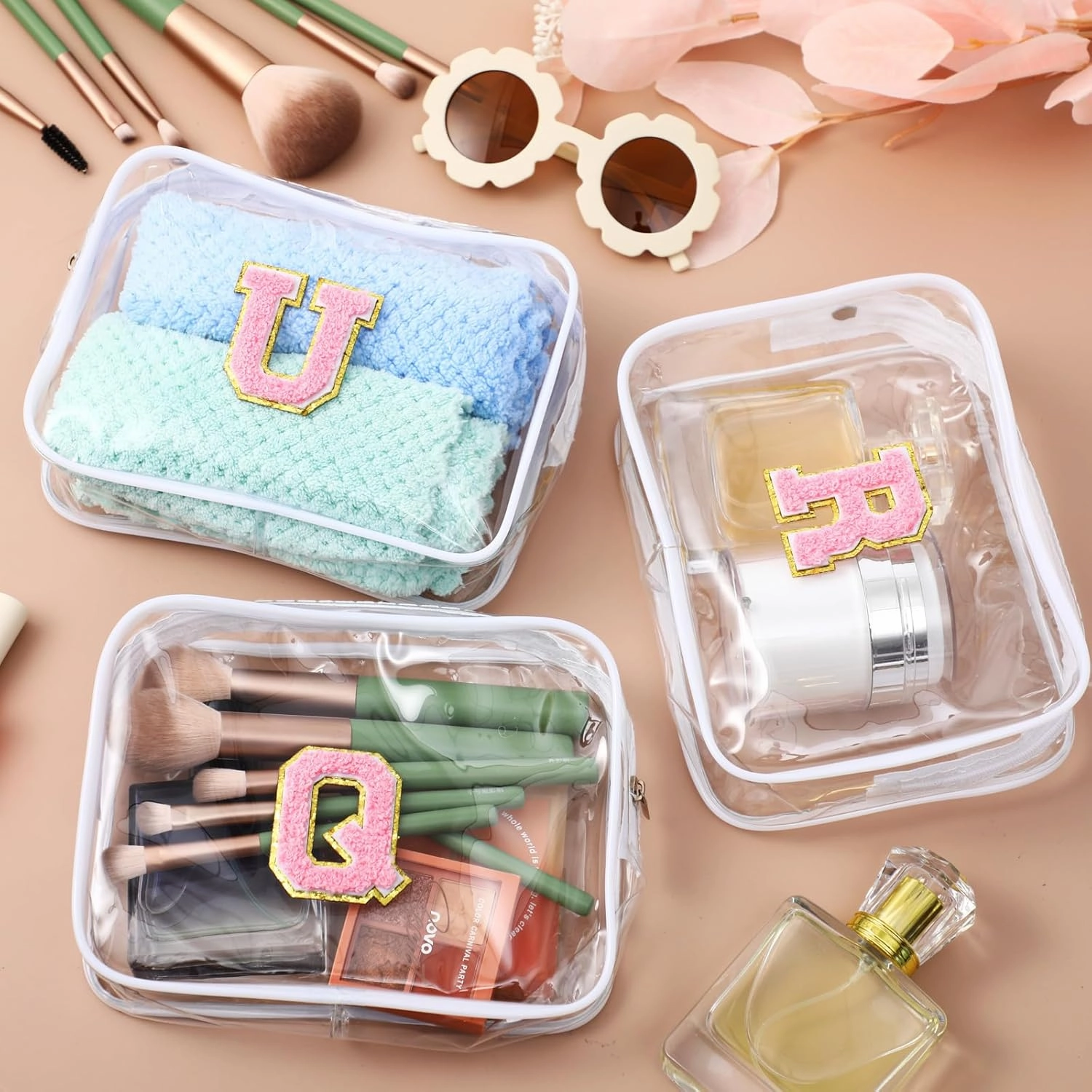 12 Personalized Initial A-z Preppy Patch Clear Makeup Bag Initial Letter Beach Travel Toiletry Cosmetic PVC Bag DIY Chenille Sew Letter Patches End of the Year Gifts(White, Pink Letters)