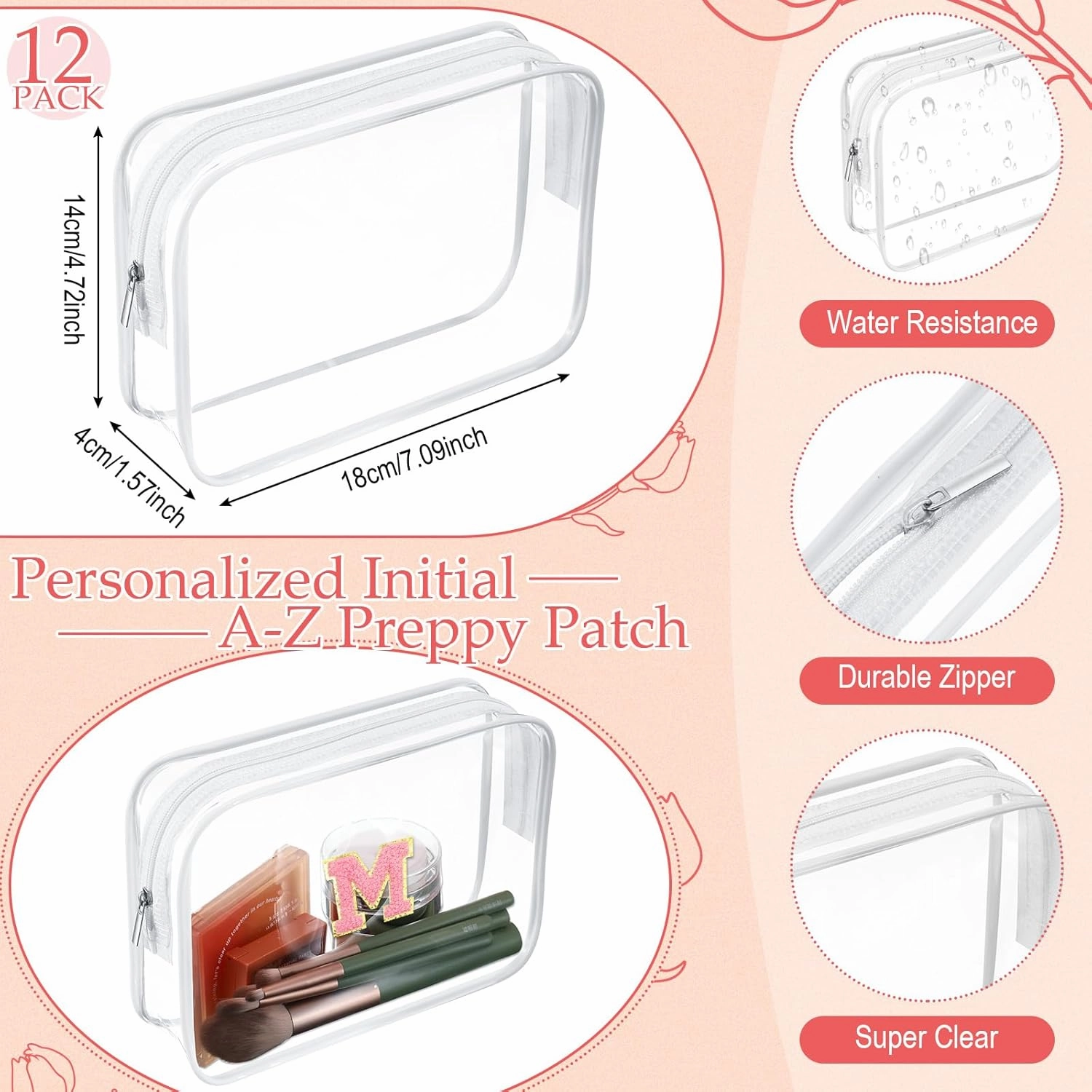 12 Personalized Initial A-z Preppy Patch Clear Makeup Bag Initial Letter Beach Travel Toiletry Cosmetic PVC Bag DIY Chenille Sew Letter Patches End of the Year Gifts(White, Pink Letters)