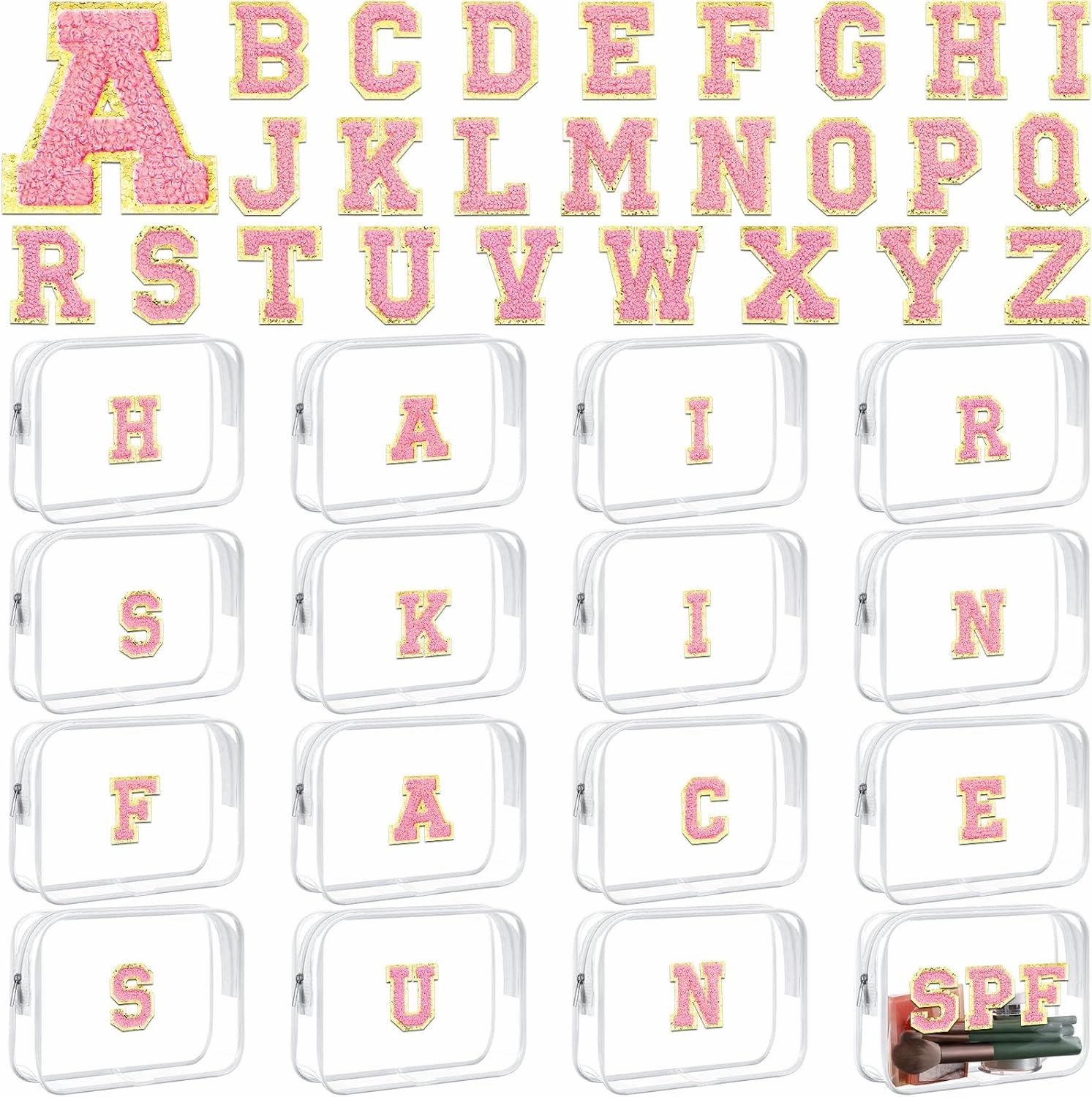 12 Personalized Initial A-z Preppy Patch Clear Makeup Bag Initial Letter Beach Travel Toiletry Cosmetic PVC Bag DIY Chenille Sew Letter Patches End of the Year Gifts(White, Pink Letters)