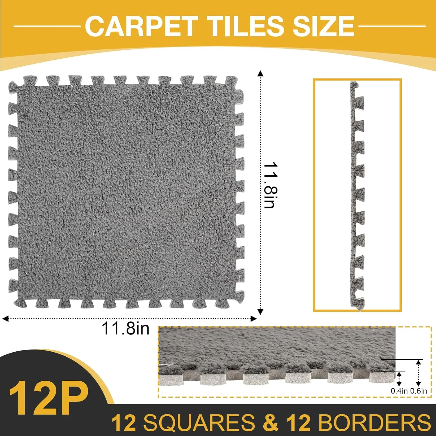 12pcs Interlocking Carpet Tiles Plush with 12 Edgings 4 Rug Tapes, Protective Soft Foam Carpet Puzzle Play Mats for Kids Room Floor 11.8 x 11.8 Inch, Grey