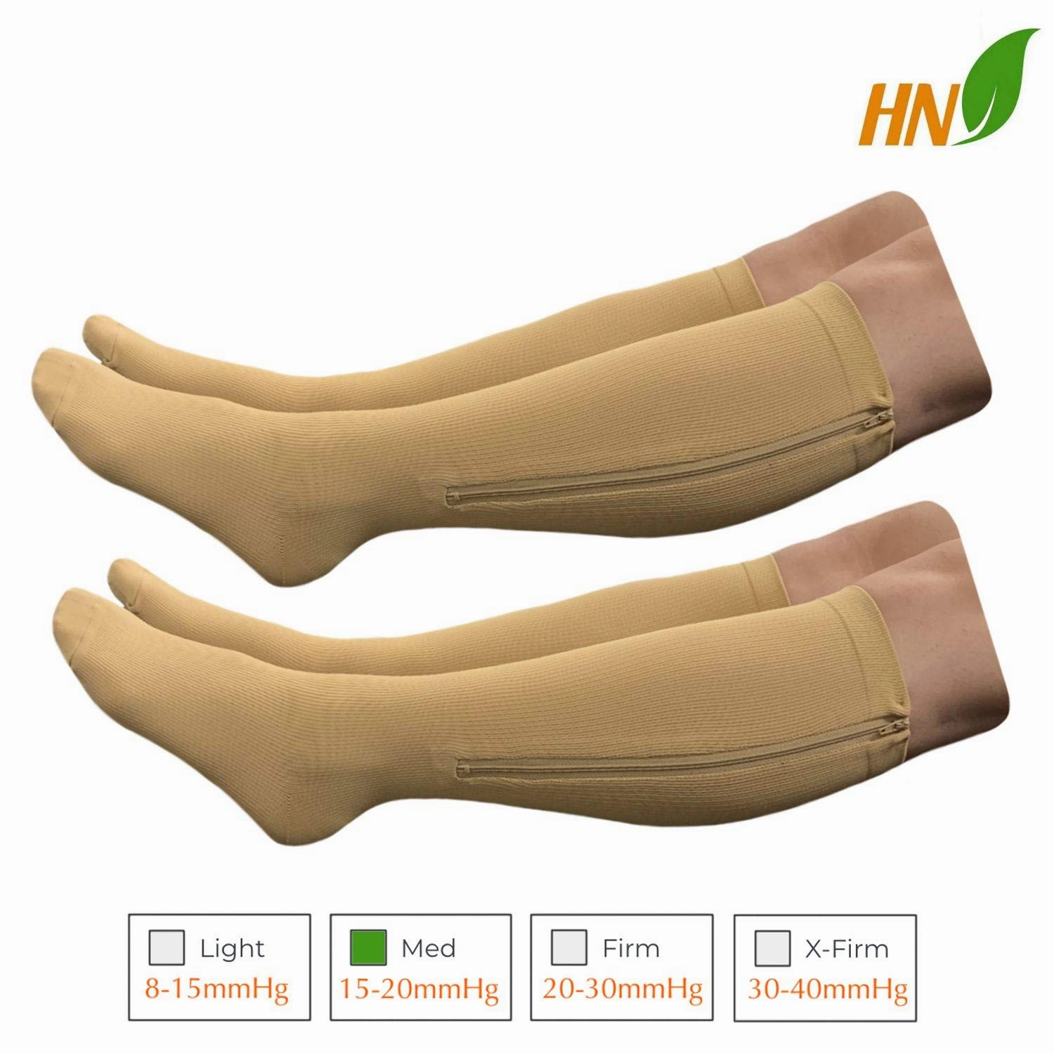 15-20 mmHg Zipper Compression Wide Big Calf Socks 2 Pack Closed Toe (2 Pairs Beige, 4XL)