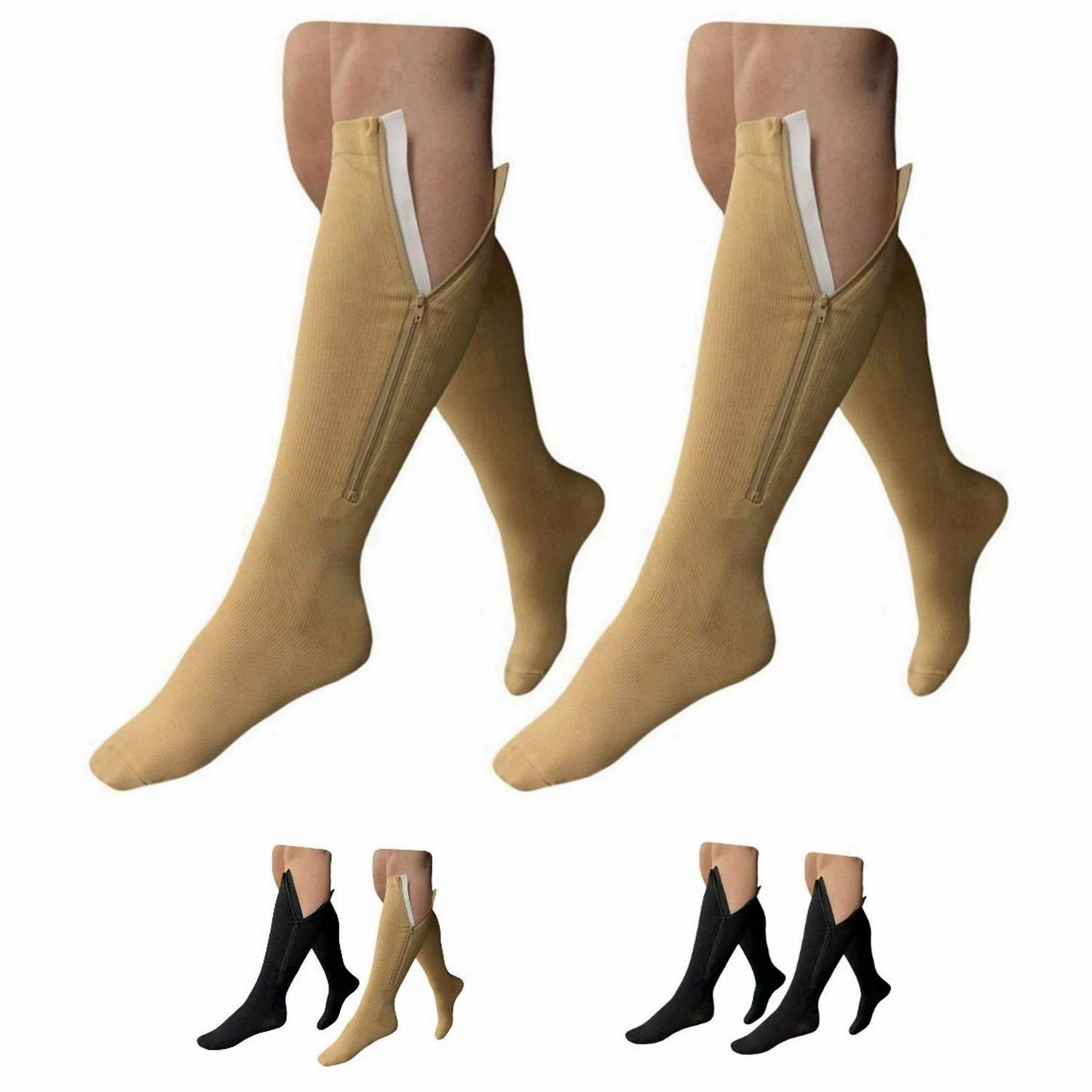 15-20 mmHg Zipper Compression Wide Big Calf Socks 2 Pack Closed Toe (2 Pairs Beige, 4XL)