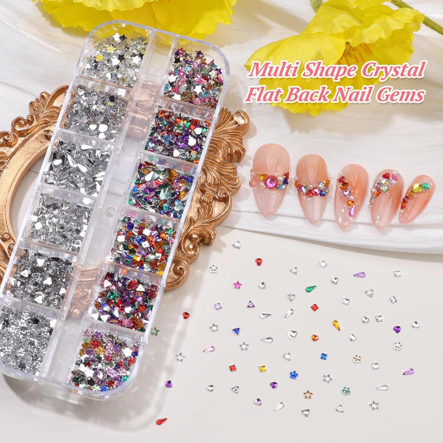 15 Boxes Nail Rhinestones Gems Kit,Gold/Silver Metal Studs,Mixed Sizes Flatback Crystals Rhinestones,Half Pearls,Sequins,Foil Flakes with Tweezers & Dotting Tools for DIY Manicure