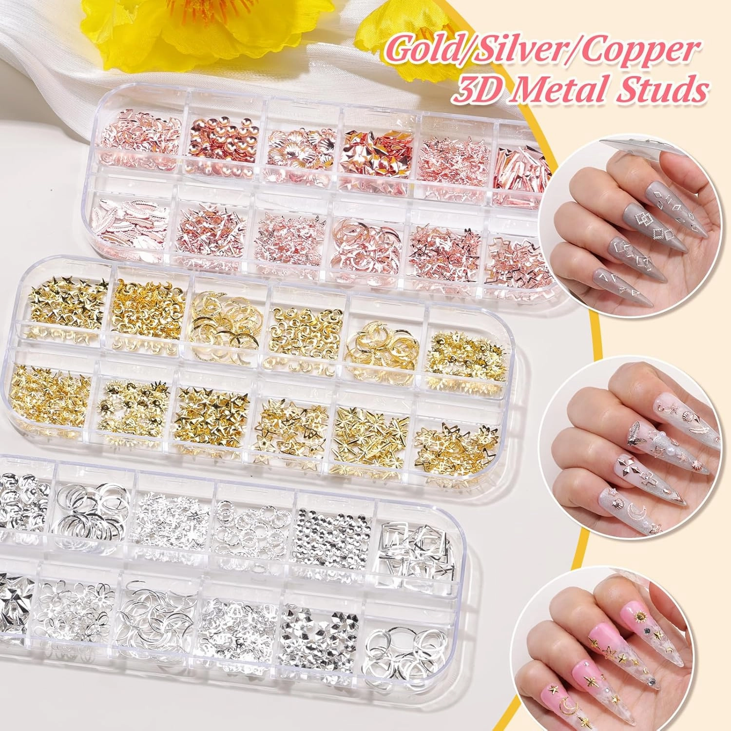 15 Boxes Nail Rhinestones Gems Kit,Gold/Silver Metal Studs,Mixed Sizes Flatback Crystals Rhinestones,Half Pearls,Sequins,Foil Flakes with Tweezers & Dotting Tools for DIY Manicure