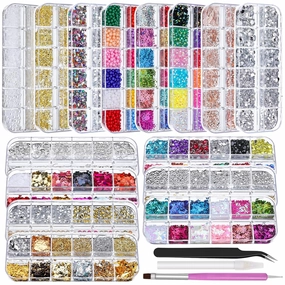 15 Boxes Nail Rhinestones Gems Kit,Gold/Silver Metal Studs,Mixed Sizes Flatback Crystals Rhinestones,Half Pearls,Sequins,Foil Flakes with Tweezers & Dotting Tools for DIY Manicure