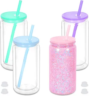 16 oz Plastic Snow Globe Tumbler, 4 Pack Double Wall Snowglobe Tumbler with Pre Drilled Hole, Plastic Mason Jar Cups Can for Snow Globe Glitter DIY (Mixed Colors)