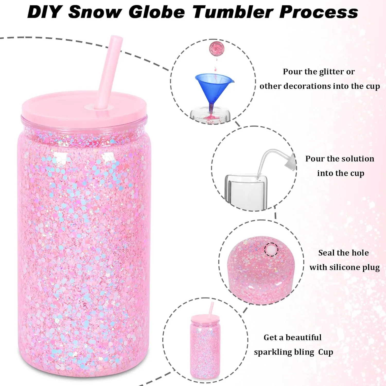 16 oz Plastic Snow Globe Tumbler, 4 Pack Double Wall Snowglobe Tumbler with Pre Drilled Hole, Plastic Mason Jar Cups Can for Snow Globe Glitter DIY (Mixed Colors)