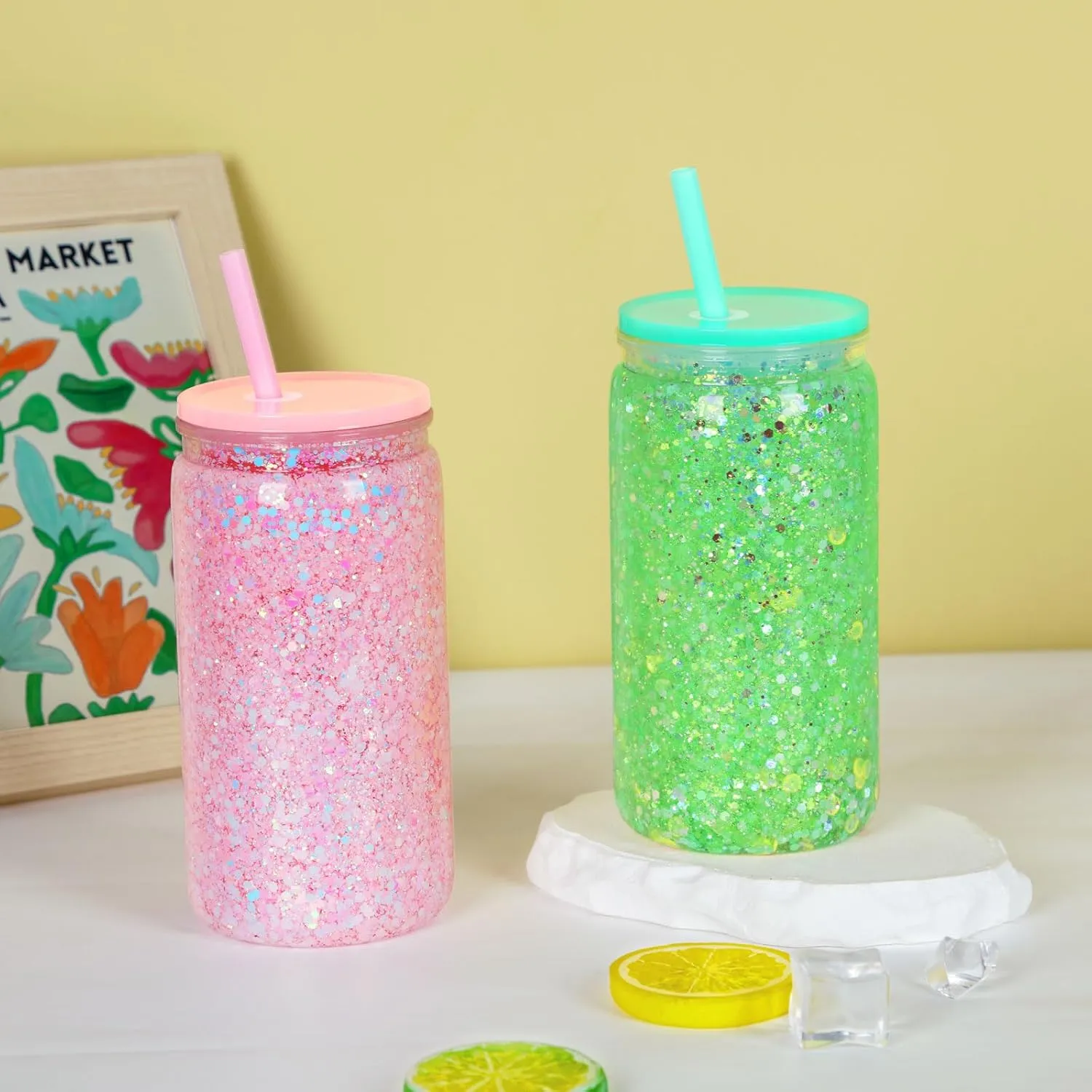 16 oz Plastic Snow Globe Tumbler, 4 Pack Double Wall Snowglobe Tumbler with Pre Drilled Hole, Plastic Mason Jar Cups Can for Snow Globe Glitter DIY (Mixed Colors)
