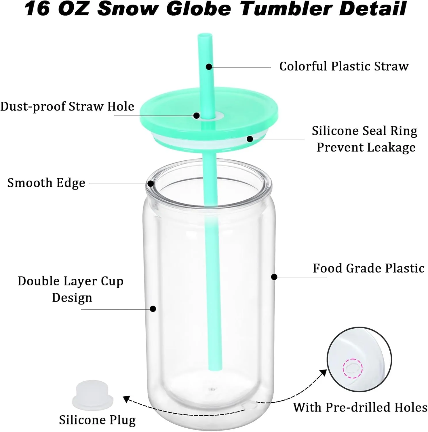 16 oz Plastic Snow Globe Tumbler, 4 Pack Double Wall Snowglobe Tumbler with Pre Drilled Hole, Plastic Mason Jar Cups Can for Snow Globe Glitter DIY (Mixed Colors)
