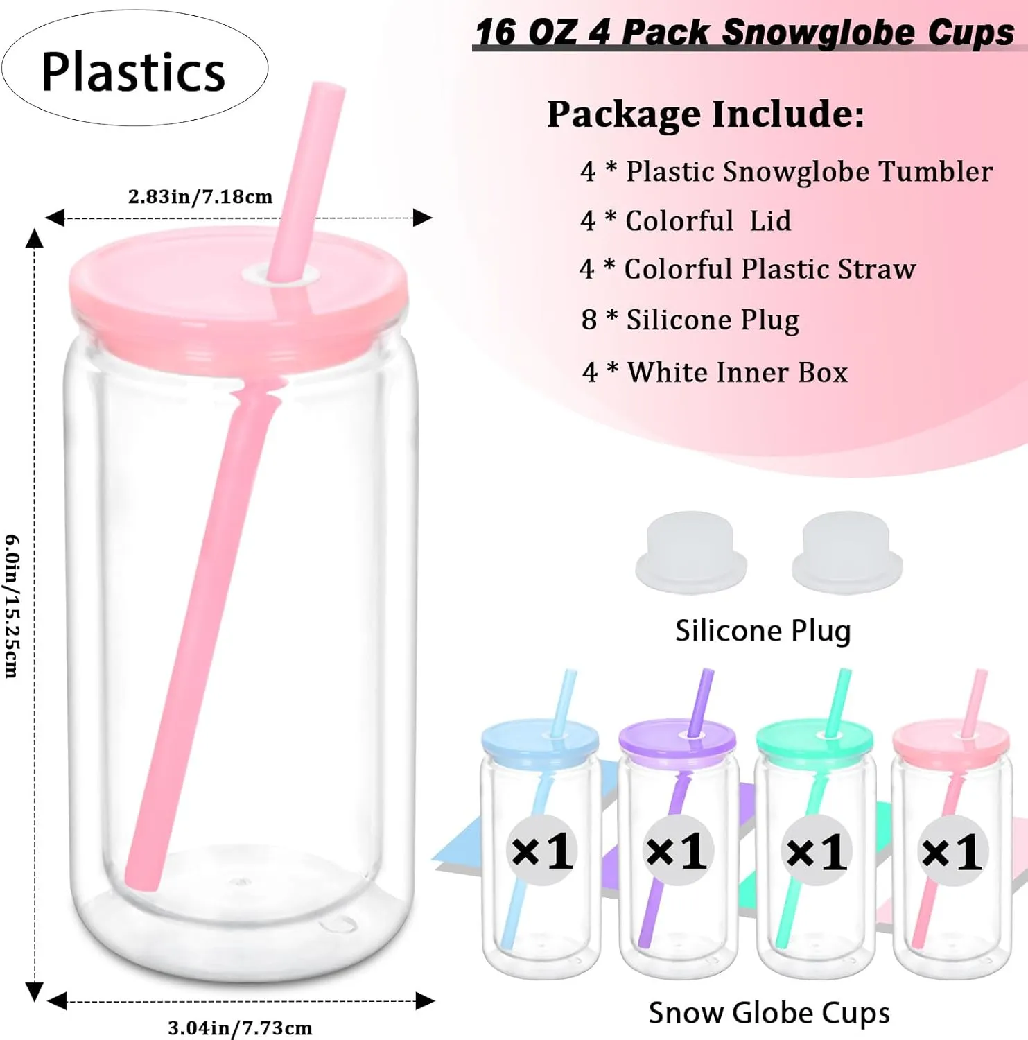 16 oz Plastic Snow Globe Tumbler, 4 Pack Double Wall Snowglobe Tumbler with Pre Drilled Hole, Plastic Mason Jar Cups Can for Snow Globe Glitter DIY (Mixed Colors)