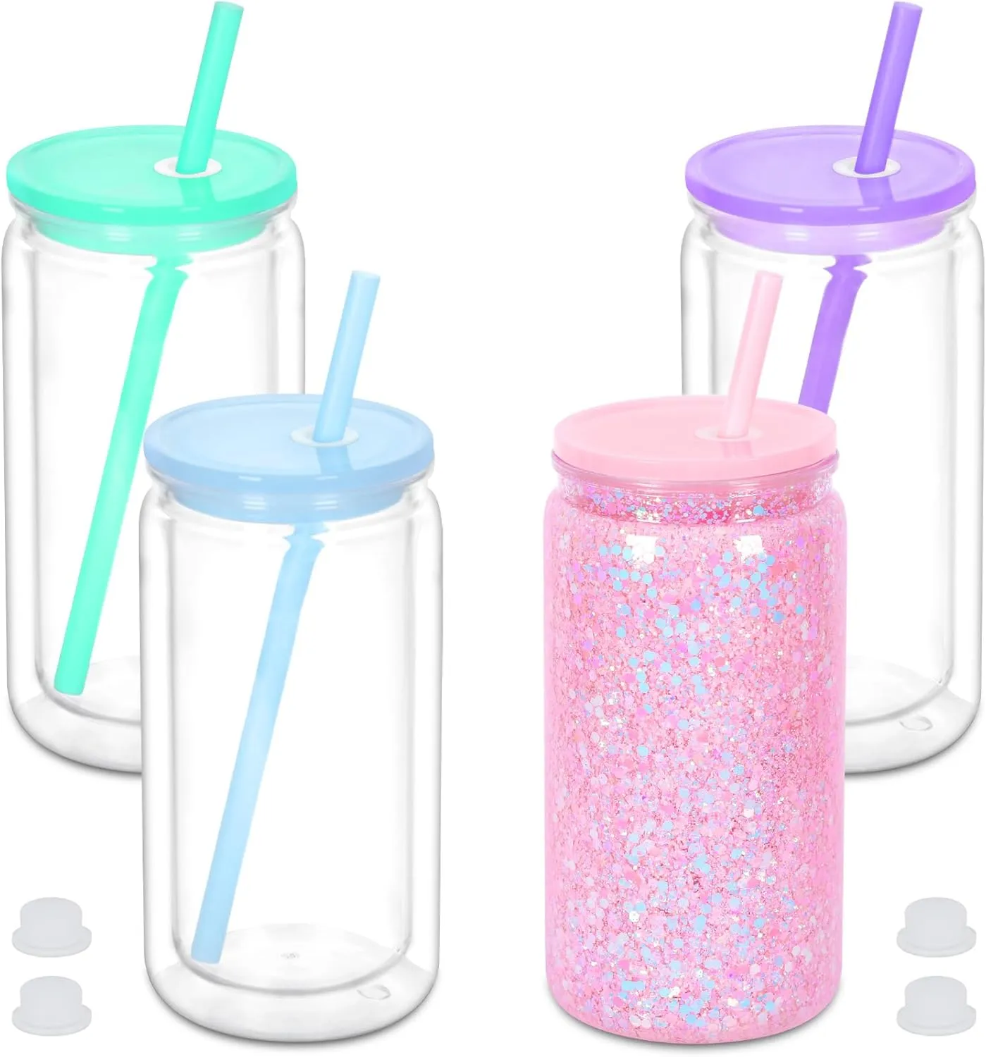 16 oz Plastic Snow Globe Tumbler, 4 Pack Double Wall Snowglobe Tumbler with Pre Drilled Hole, Plastic Mason Jar Cups Can for Snow Globe Glitter DIY (Mixed Colors)
