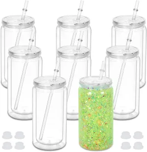 16 oz Plastic Snow Globe Tumbler, 8 Pack Double Wall Snowglobe Tumbler with Pre Drilled Hole, Plastic Mason Jar Cups Can for Snow Globe Glitter DIY (Clear)