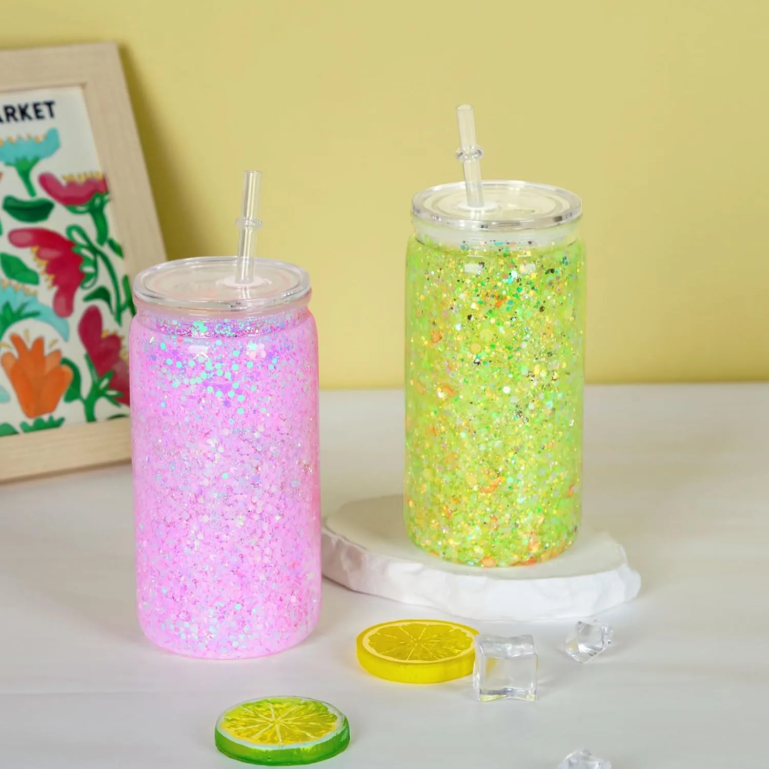 16 oz Plastic Snow Globe Tumbler, 8 Pack Double Wall Snowglobe Tumbler with Pre Drilled Hole, Plastic Mason Jar Cups Can for Snow Globe Glitter DIY (Clear)