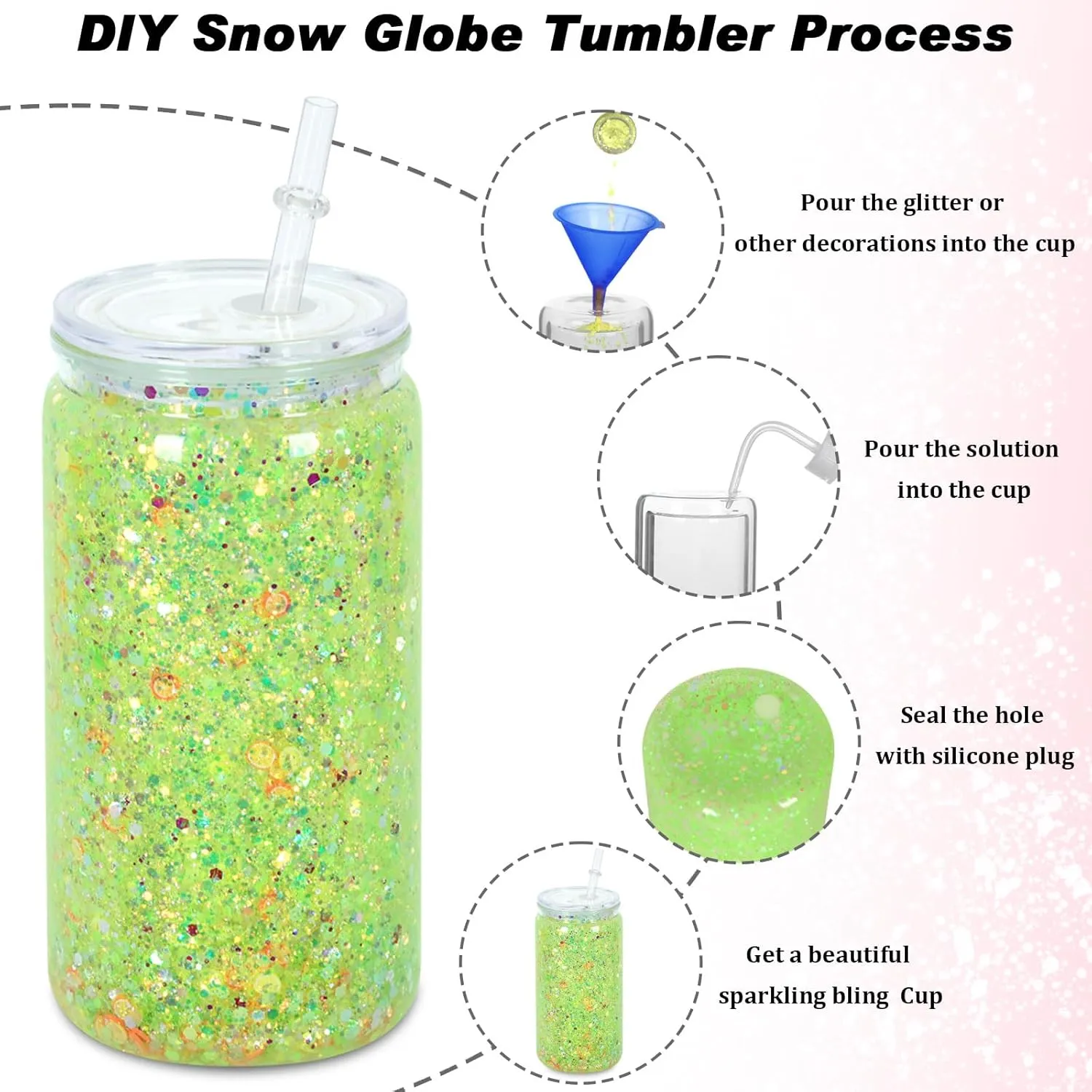 16 oz Plastic Snow Globe Tumbler, 8 Pack Double Wall Snowglobe Tumbler with Pre Drilled Hole, Plastic Mason Jar Cups Can for Snow Globe Glitter DIY (Clear)