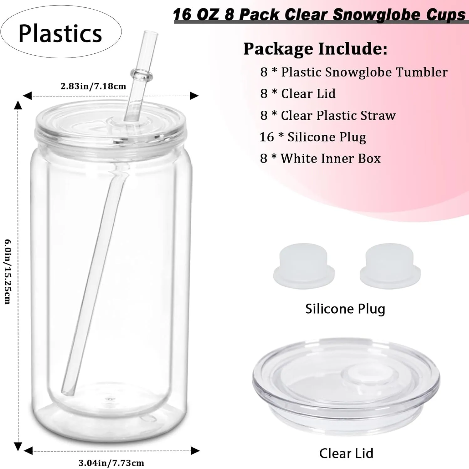 16 oz Plastic Snow Globe Tumbler, 8 Pack Double Wall Snowglobe Tumbler with Pre Drilled Hole, Plastic Mason Jar Cups Can for Snow Globe Glitter DIY (Clear)