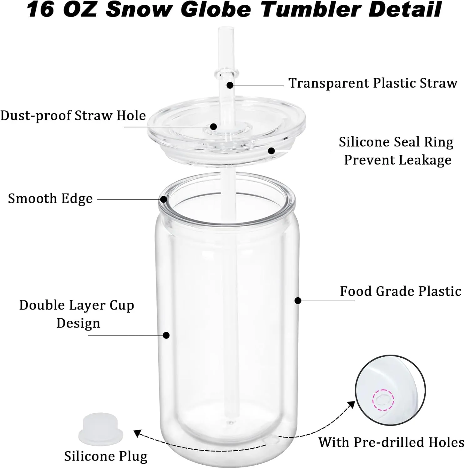 16 oz Plastic Snow Globe Tumbler, 8 Pack Double Wall Snowglobe Tumbler with Pre Drilled Hole, Plastic Mason Jar Cups Can for Snow Globe Glitter DIY (Clear)
