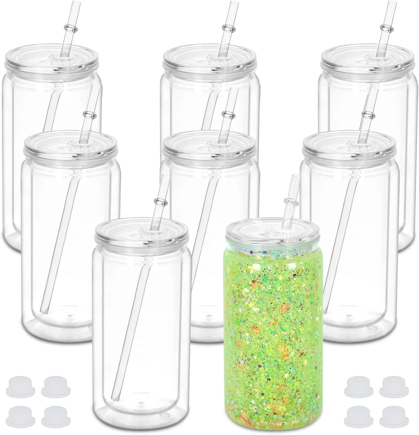 16 oz Plastic Snow Globe Tumbler, 8 Pack Double Wall Snowglobe Tumbler with Pre Drilled Hole, Plastic Mason Jar Cups Can for Snow Globe Glitter DIY (Clear)