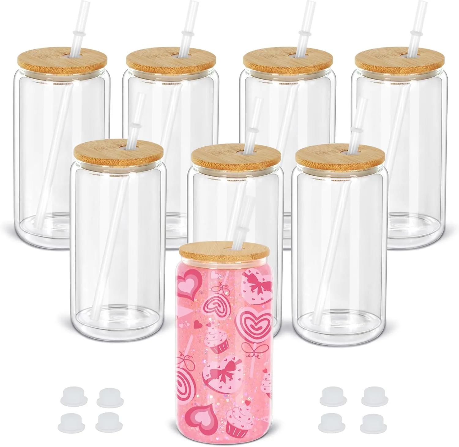 16 Oz Snow Globe Tumbler, 8 Pack Pre-Drilled Sublimation Glass Cup For Glitter Snow Globe Diy, Double Wall Sublimation Glass Tumbler
