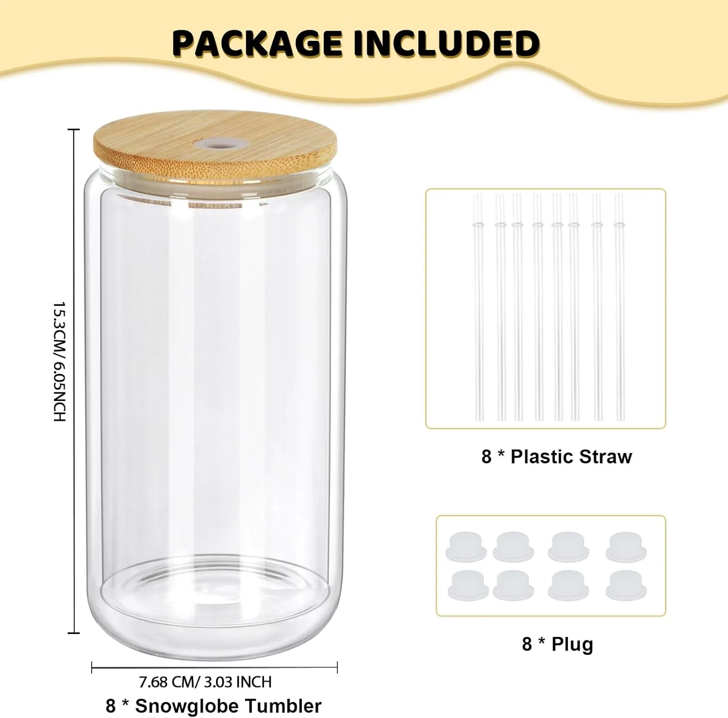 16 Oz Snow Globe Tumbler, 8 Pack Pre-Drilled Sublimation Glass Cup For Glitter Snow Globe Diy, Double Wall Sublimation Glass Tumbler
