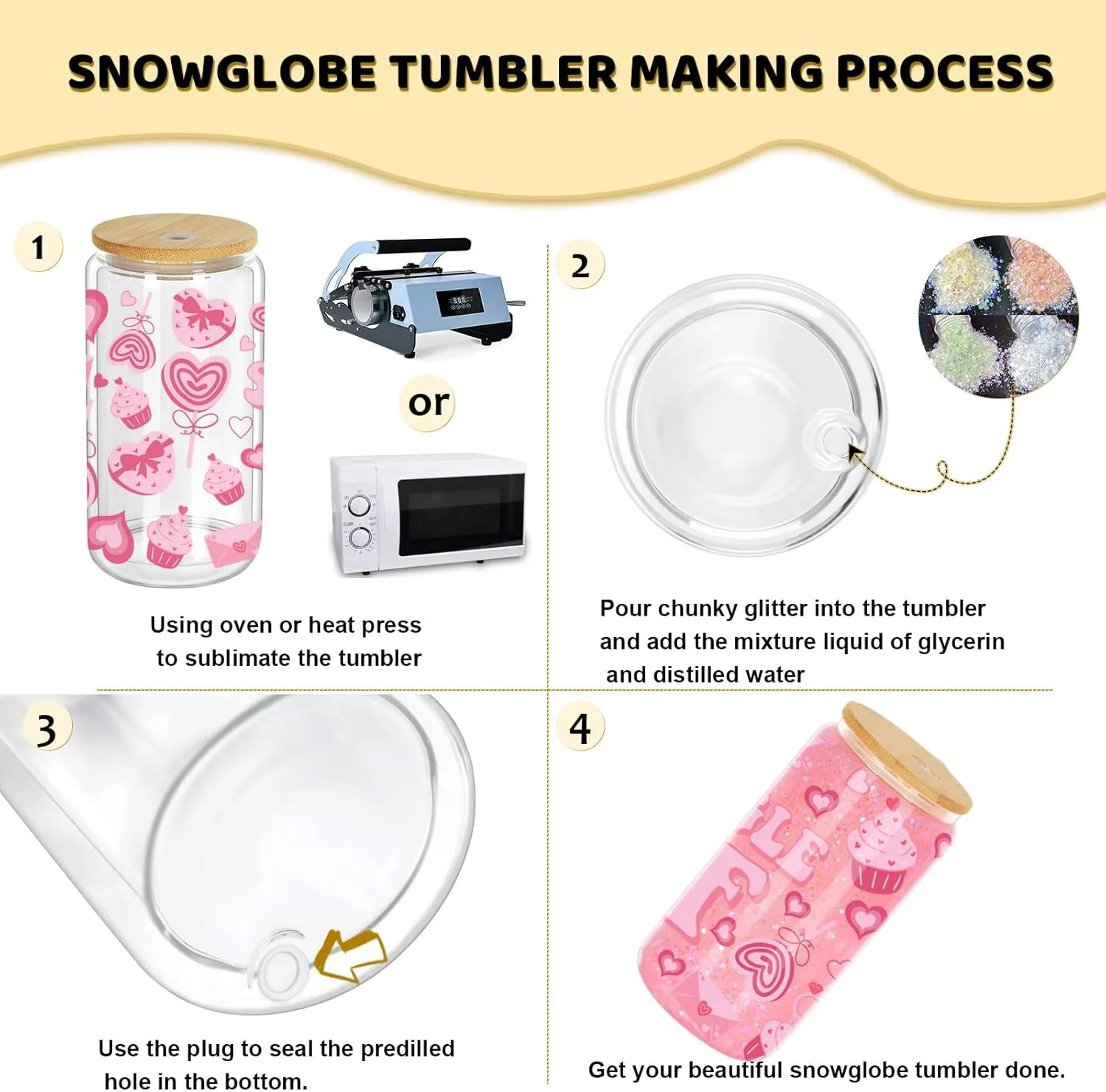 16 Oz Snow Globe Tumbler, 8 Pack Pre-Drilled Sublimation Glass Cup For Glitter Snow Globe Diy, Double Wall Sublimation Glass Tumbler