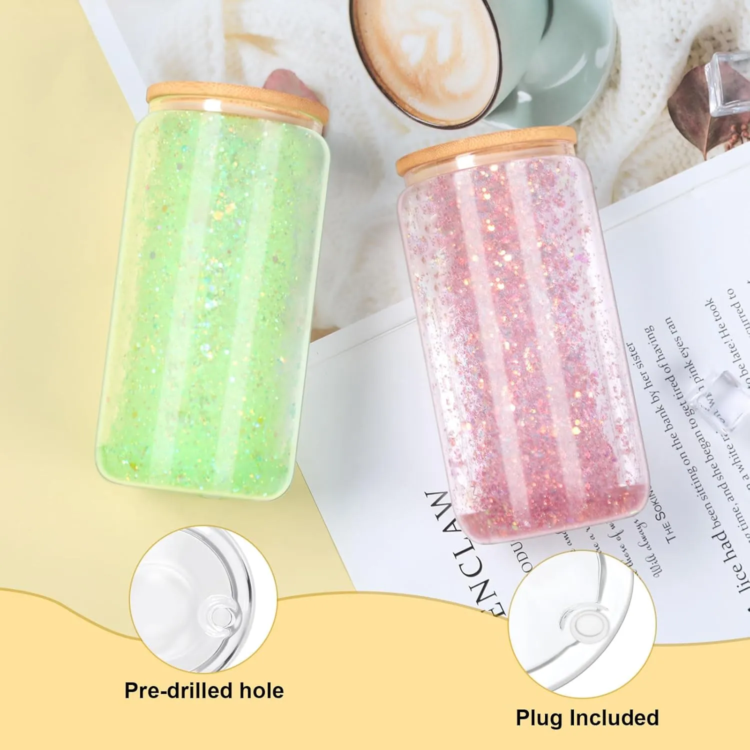 16 Oz Snow Globe Tumbler, 8 Pack Pre-Drilled Sublimation Glass Cup For Glitter Snow Globe Diy, Double Wall Sublimation Glass Tumbler